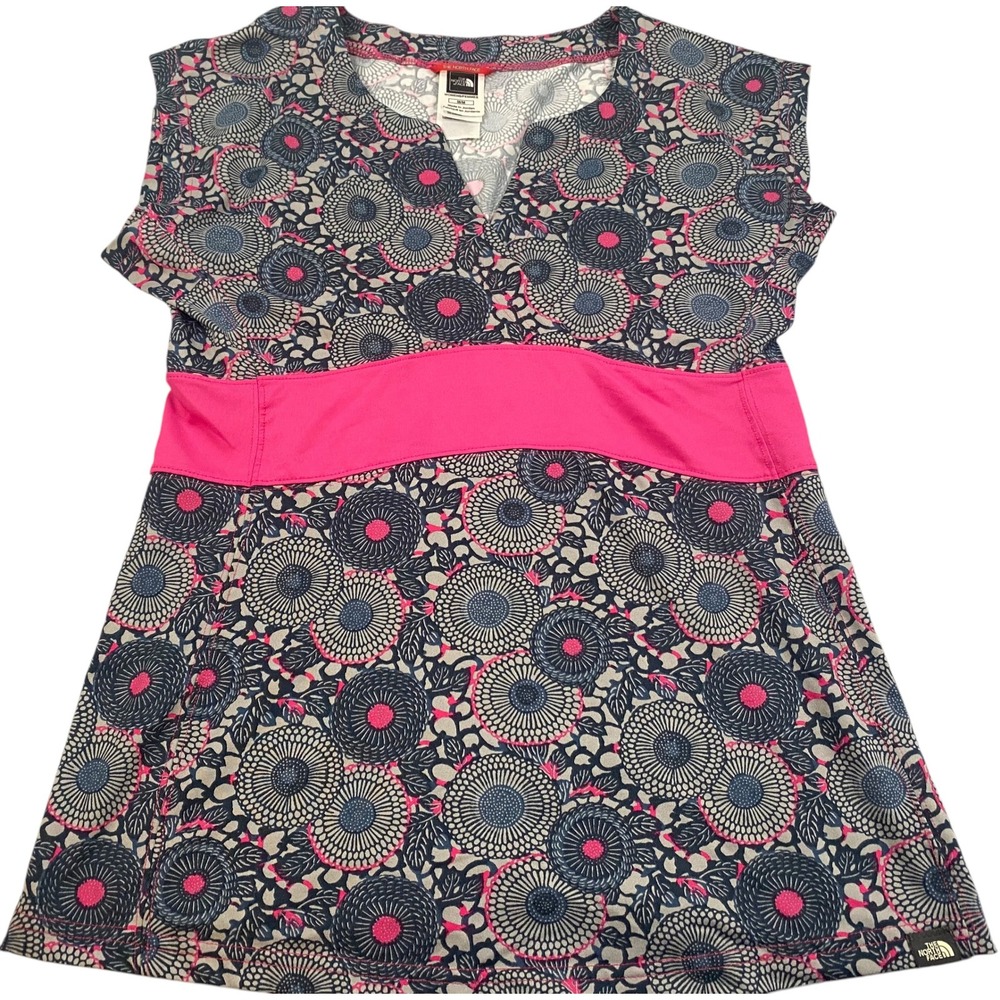 The North Face Womens VaporWick Floral Medallion V-Neck Top Pink Blue M